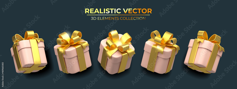 Set of Realistic 3d pink gift box with golden ribbons isolated on a ...