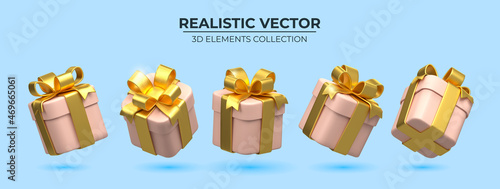 Set of Realistic 3d pink gift box with golden ribbons isolated on a blue background 3d render flying modern holiday surprise box. Festive decorative 3d render object Realistic vector decor