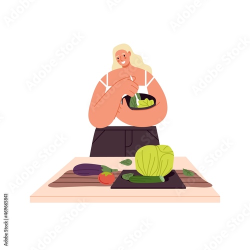 Woman cooking healthy vitamin food from vegetables. Person prepare and cook salad in bowl from fresh raw veggies. Female on low-calorie diet. Flat vector illustration isolated on white background