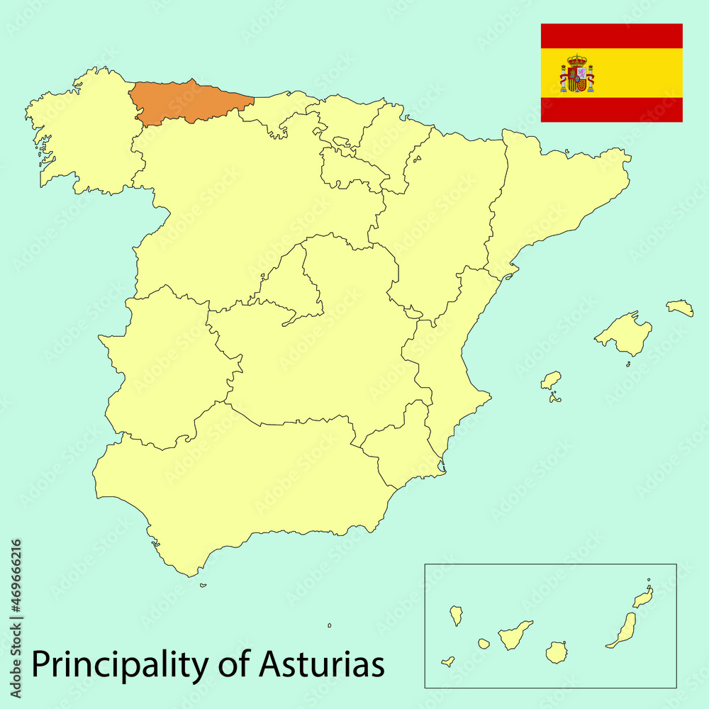 spain map with provinces, principality of asturias, vector illustration 