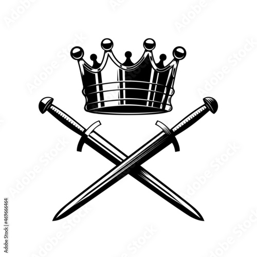 Illustration of king crown and crossed swords in monochrome style. Design element for logo, emblem, sign, poster, t shirt. Vector illustration