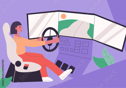 Young woman learn to drive with gaming wheel. Driving school, simulation driving lesson. Girl playing car racing video game, autosimulator. Vector flat moden isolated illustration in trendy colors