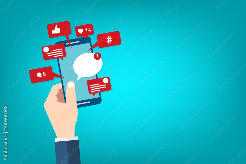 Social Media Smart Phone, Viral content, social media marketing and social media activity - likes, shares and comments popping up on the mobile screen Social Media Smart Phone, Viral content, social media marketing and social media activity - likes, shares and comments popping up on the mobile screen