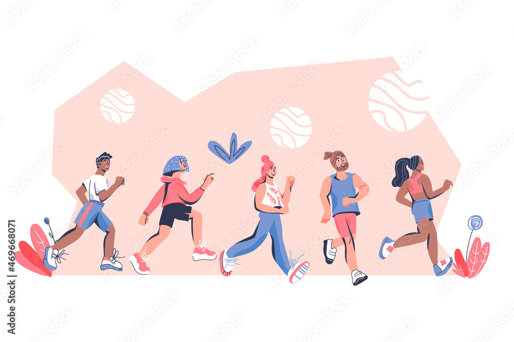 Fototapeta premium Banner with marathon runners. Sports athletics people are running. Men and women training or racing in run competition, flat vector illustration isolated on white background.