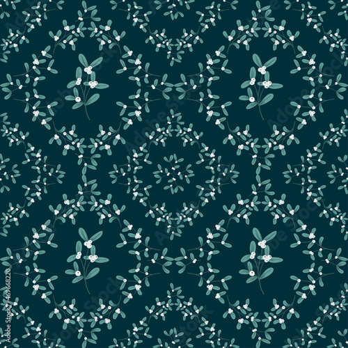 Mistletoe, viscum branches with oblong leaves and berries vector seamless pattern. Christmas, New Year holiday winter floral background for greeting cards, wallpapers, gift paper, web page.