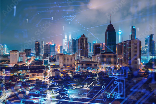 Photography Information flow hologram, night panorama city view of Kuala Lumpur