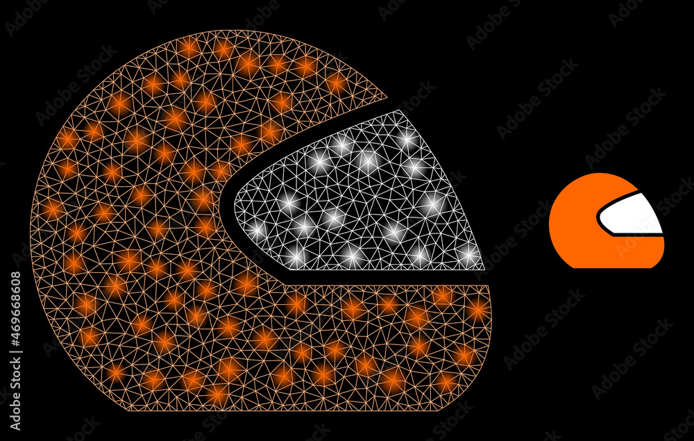 Glossy polygonal mesh net motorcycle helmet icon with glitter effect on a black background. Wire frame motorcycle helmet iconic vector with glitter dots in vibrant colors. Glossy polygonal mesh net motorcycle helmet icon with glitter effect on a black background. Wire frame motorcycle helmet iconic vector with glitter dots in vibrant colors.