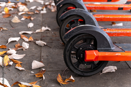 Close up of an electric scooter tyre - Orange electric scooters