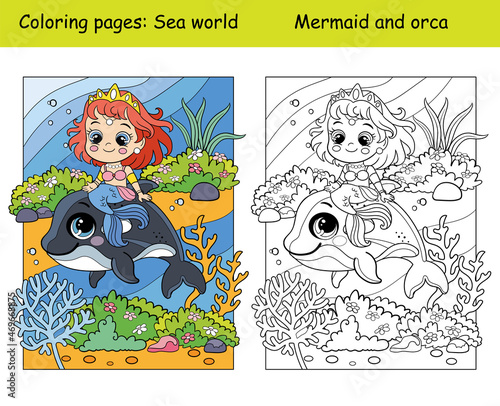 Coloring and color cute mermaid rides an orca