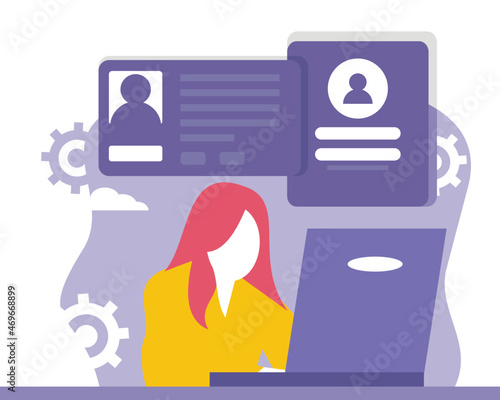illustration vector graphic of a woman is accessing an account using a laptop, perfect for technology, internet, computer, business, etc.
