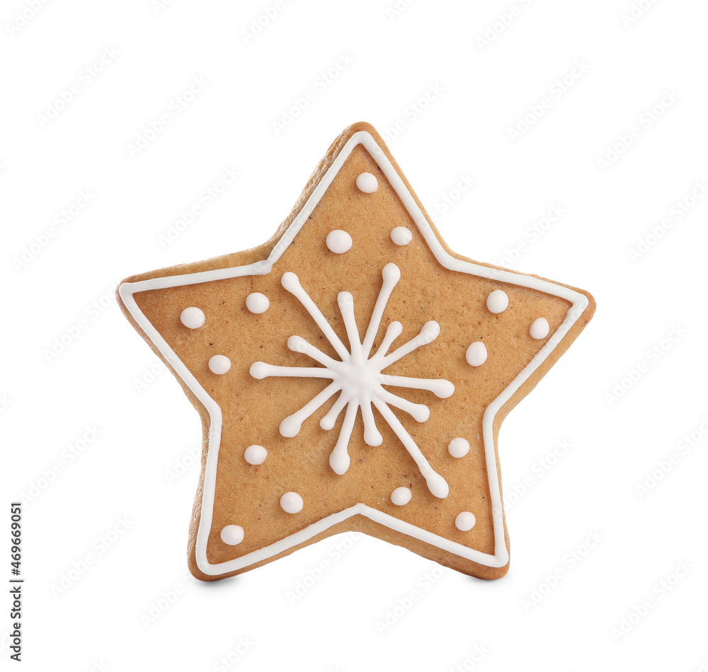 Tasty star shaped gingerbread cookie on white background. St. Nicholas Day celebration Tasty star shaped gingerbread cookie on white background. St. Nicholas Day celebration