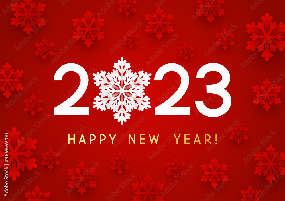 New Year concept - 2023 numbers on red background with paper snowflakes for winter holidays design 4