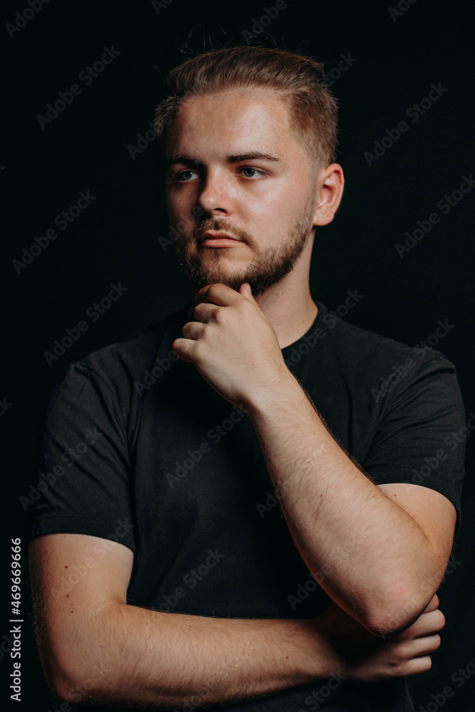 Charismatic attractive stylish guy hold on to chin and thought. Serious man ponders. Thinking person. Smart man with own opinion. Man develops idea. Young business man Charismatic attractive stylish guy hold on to chin and thought. Serious man ponders. Thinking person. Smart man with own opinion. Man develops idea. Young business man