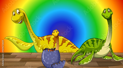 Cartoon dinosaur on rainbow gradient background
