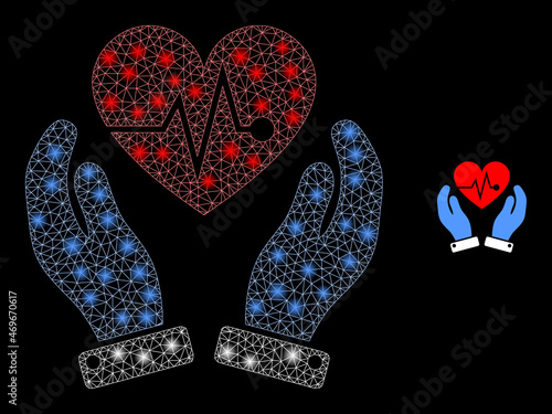 Glossy polygonal mesh web heart surgery care hands icon with glow effect on a black background. Network heart surgery care hands iconic vector with glamour dots in magic colors.
