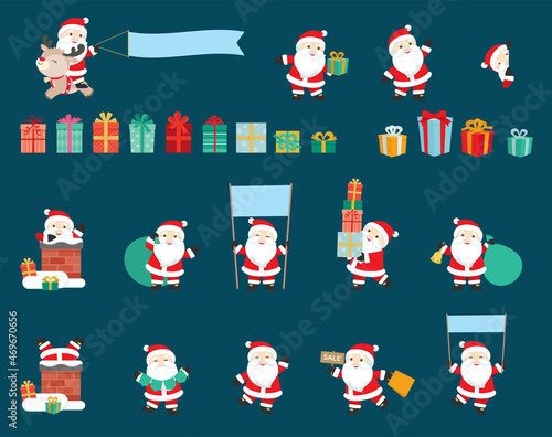 Cute Santa Claus Poses Big Set with Banners, Christmas Sale, Presents Design Elements Flat Vector Illustration