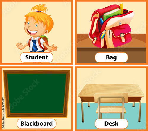 Educational English word card of School objects set