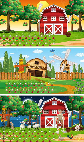 Different farm scenes with old farmer and animal cartoon character