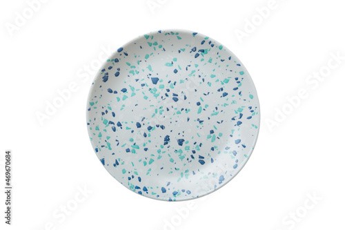 Blue ceramic round plate isolated over white background. Top view