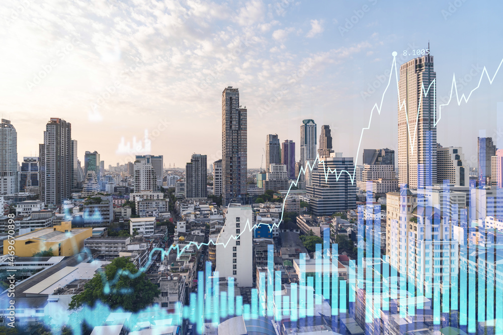 Fototapeta premium Glowing FOREX graph hologram, aerial panoramic cityscape of Bangkok at sunset. Stock and bond trading in Southeast Asia. The concept of fund management. Double exposure.