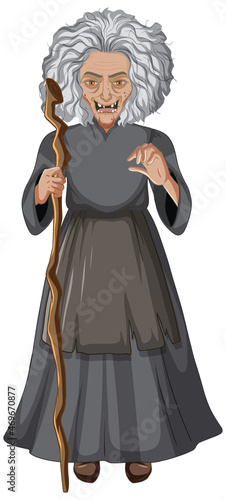 Wicked old witch character on white background