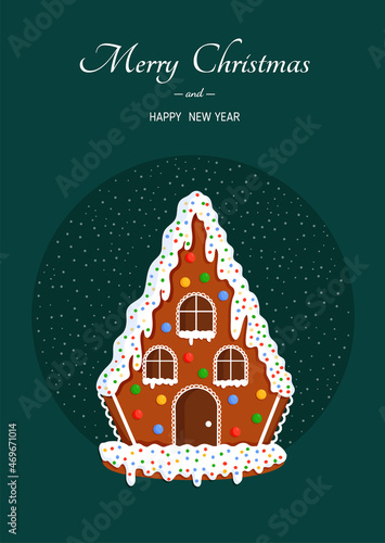 Illustration of Christmas gingerbread house with sweets on a background of the starry sky for a postcard, banner, poster and website.
