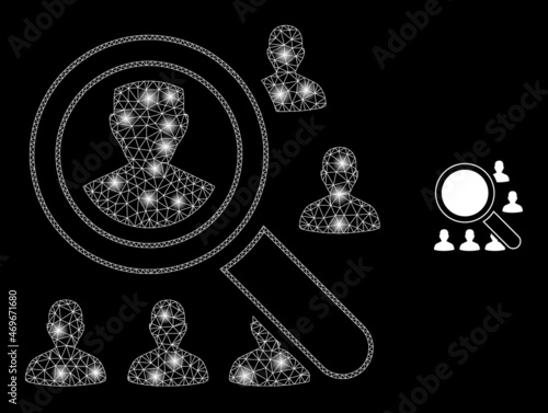 Glossy polygonal mesh net search users icon with glare effect on a black background. Carcass search users iconic vector with glowing spheres in majestic colors.