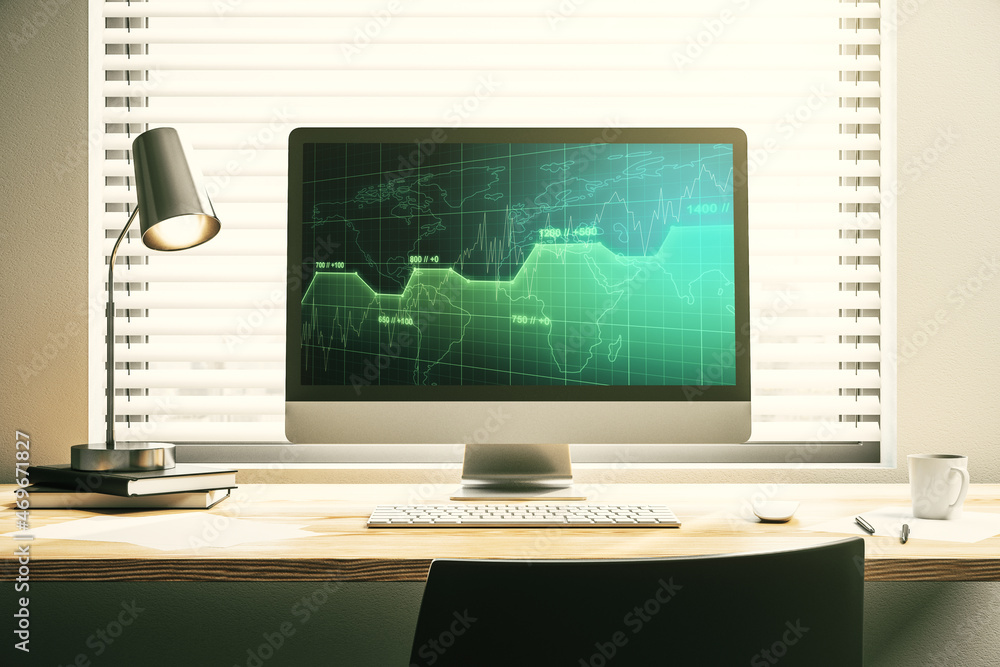 Modern computer display with abstract graphic data spreadsheet sketch, analytics and analysis concept. 3D Rendering Modern computer display with abstract graphic data spreadsheet sketch, analytics and analysis concept. 3D Rendering