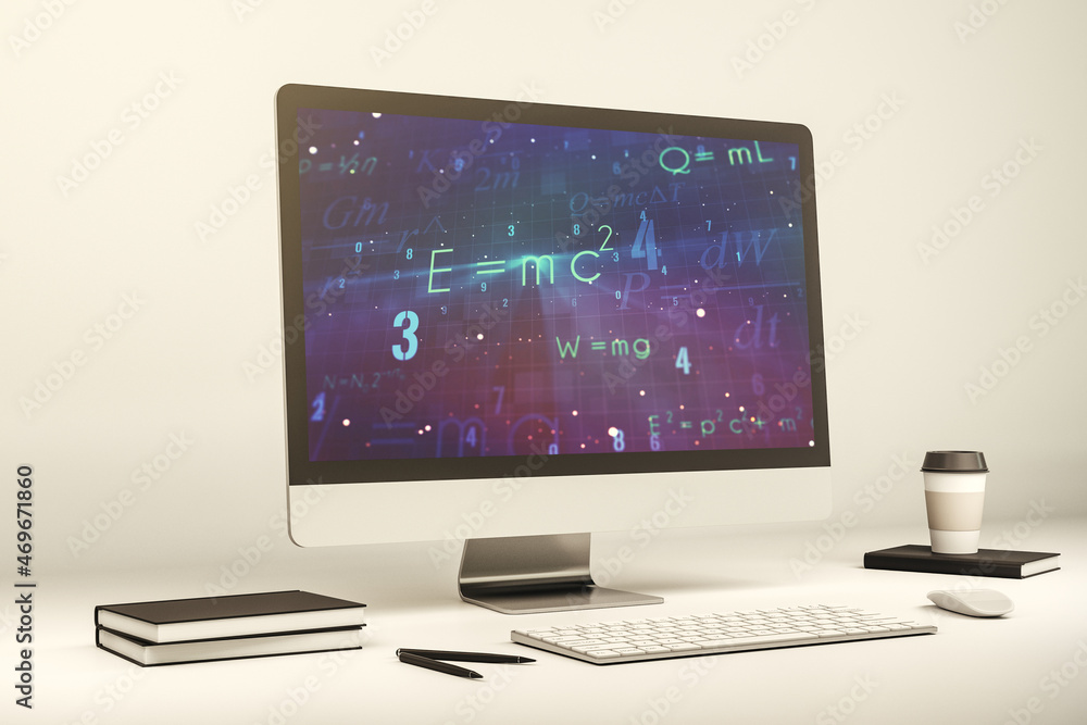Creative scientific formula hologram on modern laptop monitor, research concept. 3D Rendering Creative scientific formula hologram on modern laptop monitor, research concept. 3D Rendering