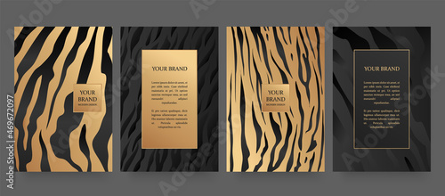 Luxury design on dark background,
frame design set with with gold tiger pattern. Luxury premium background pattern for menu, elite sale, luxe invite template, ​formal invitation, luxury voucher. 