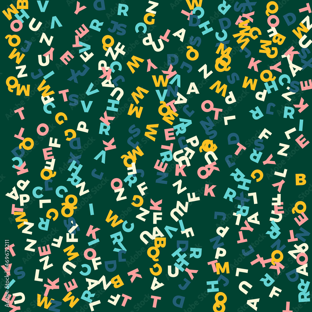 Falling letters of English language. Pastel flying words of Latin alphabet. Foreign languages study concept. Modern back to school banner on blackboard background. Falling letters of English language. Pastel flying words of Latin alphabet. Foreign languages study concept. Modern back to school banner on blackboard background.