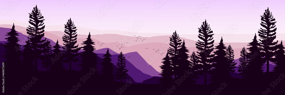 morning landscape at mountain with tree and bird silhouette vector illustration good for wallpaper, backdrop, banner, tourism, mountain hiking, and design template