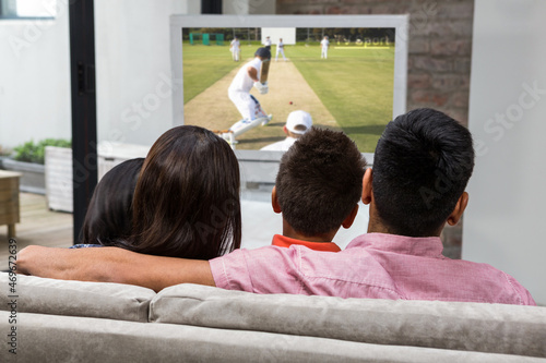 Rear view of family sitting at home together watching cricket match on tv