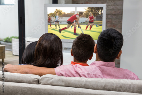 Rear view of family sitting at home together watching hockey match on tv