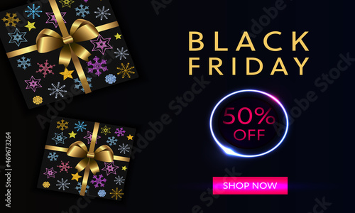 Vector Colorful Black Friday Sale Banner with Lighting Effects. A Template with the Hand Drawn Snowflakes and Glittered Decor. Useful for Ads, Discount Banners, Flyers, Prints