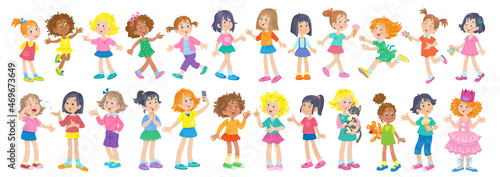 Set of multicultural little girls with different skin and hair colors in different poses  emotions and relationships. In cartoon style. Isolated on white background. Vector illustration.