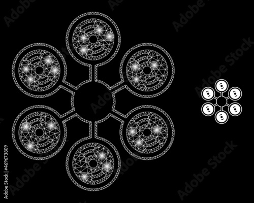Glossy polygonal mesh web hexacopter icon with glow effect on a black background. Constellation hexacopter iconic vector with shiny spheres in vibrant colors.