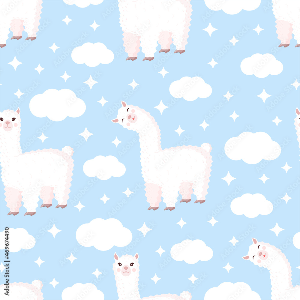 Fototapeta premium Seamless pattern with funny llama, clouds and stars on a blue background. Vector illustration suitable for baby texture, textile, fabric, poster, greeting card, decor. Cute alpaca from Peru.