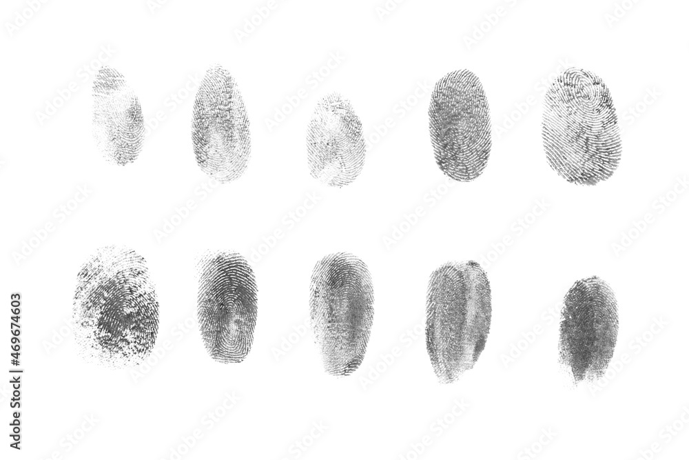 Many black fingerprints made with ink on white background, top view Many black fingerprints made with ink on white background, top view