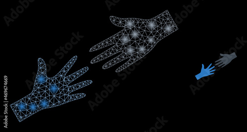Glossy polygonal mesh web help hand icon with glare effect on a black background. Carcass help hand iconic vector with flash points in vibrant colors.