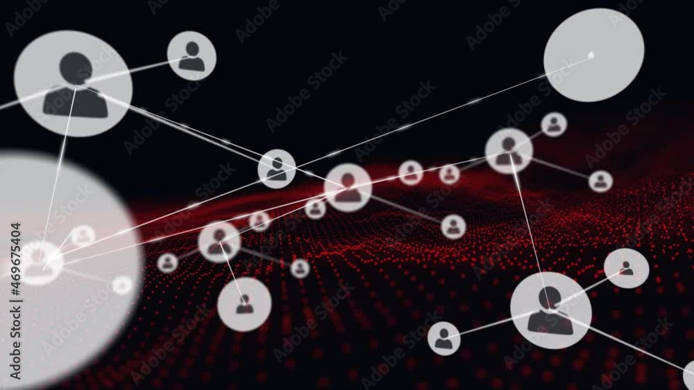 Animation of network of connections with digital icons over red mesh Animation of network of connections with digital icons over red mesh