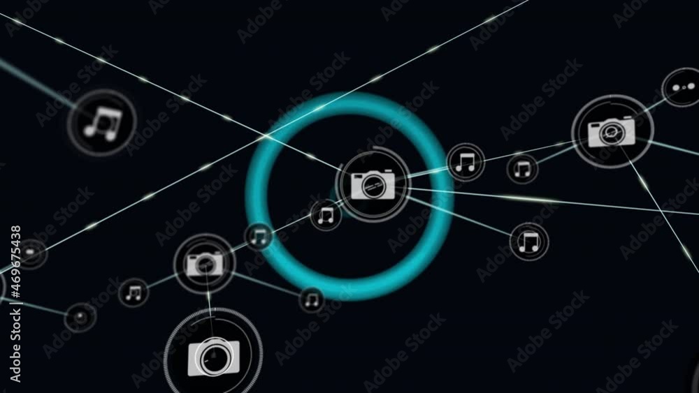 Animation of network of connections with digital camera icons over red neon circles Animation of network of connections with digital camera icons over red neon circles
