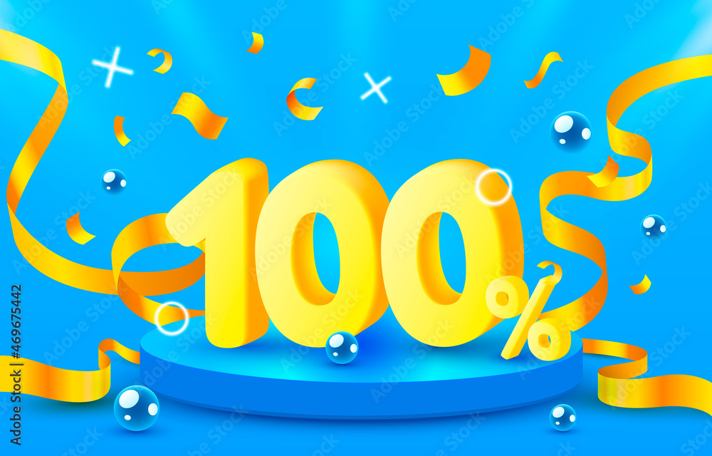 100 Off. Discount creative composition. 3d sale symbol with decorative objects, golden confetti, podium and gift box. Sale banner and poster. Vector 100 Off. Discount creative composition. 3d sale symbol with decorative objects, golden confetti, podium and gift box. Sale banner and poster. Vector