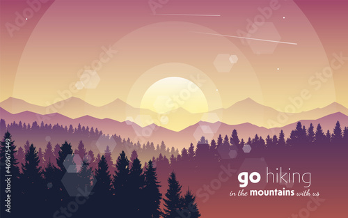 Vector landscape, sunset scene in nature with mountains and forest, silhouettes of trees. Hiking tourism. Adventure. Minimalist graphic flyers. Polygonal flat design for coupons, vouchers, gift cards © Yurii