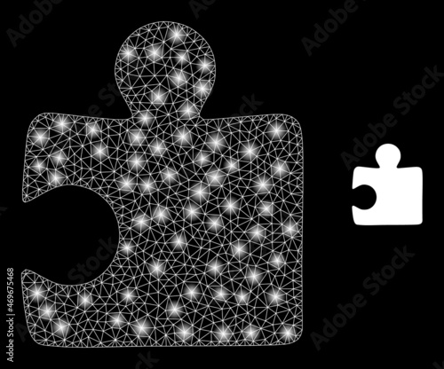 Glossy polygonal mesh net puzzle item icon with glare effect on a black background. Network puzzle item iconic vector with flash dots in vibrant colors.