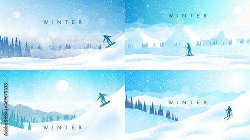 Winter mountains landscape. Snowboarding, skiing. Adventure, hiking, tourism. Travel concept of extreme, active winter sport. Minimalistic polygonal flat design graphic poster. Vector illustration set