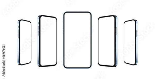 3D smartphone mockup isolated with white empty screen. Blue realistic mobile phone template.