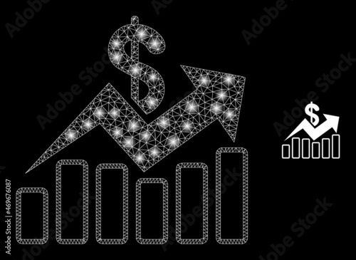 Glossy polygonal mesh web sales trend charts icon with glitter effect on a black background. Constellation sales trend charts iconic vector with illuminated points in bright colors.