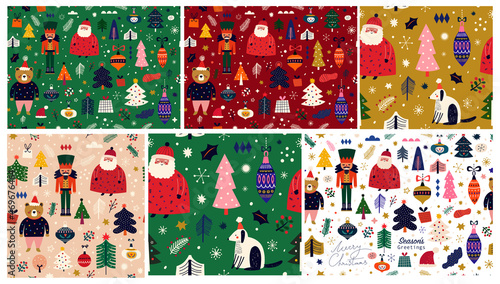 Big set of New Year and Christmas seamless patterns with holiday symbols and elements. Christmas and New Year vector backgrounds