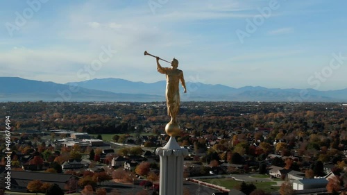 Angel Moroni Statue on LDS Mormon Temple overlooking Beautiful Utah, Aerial